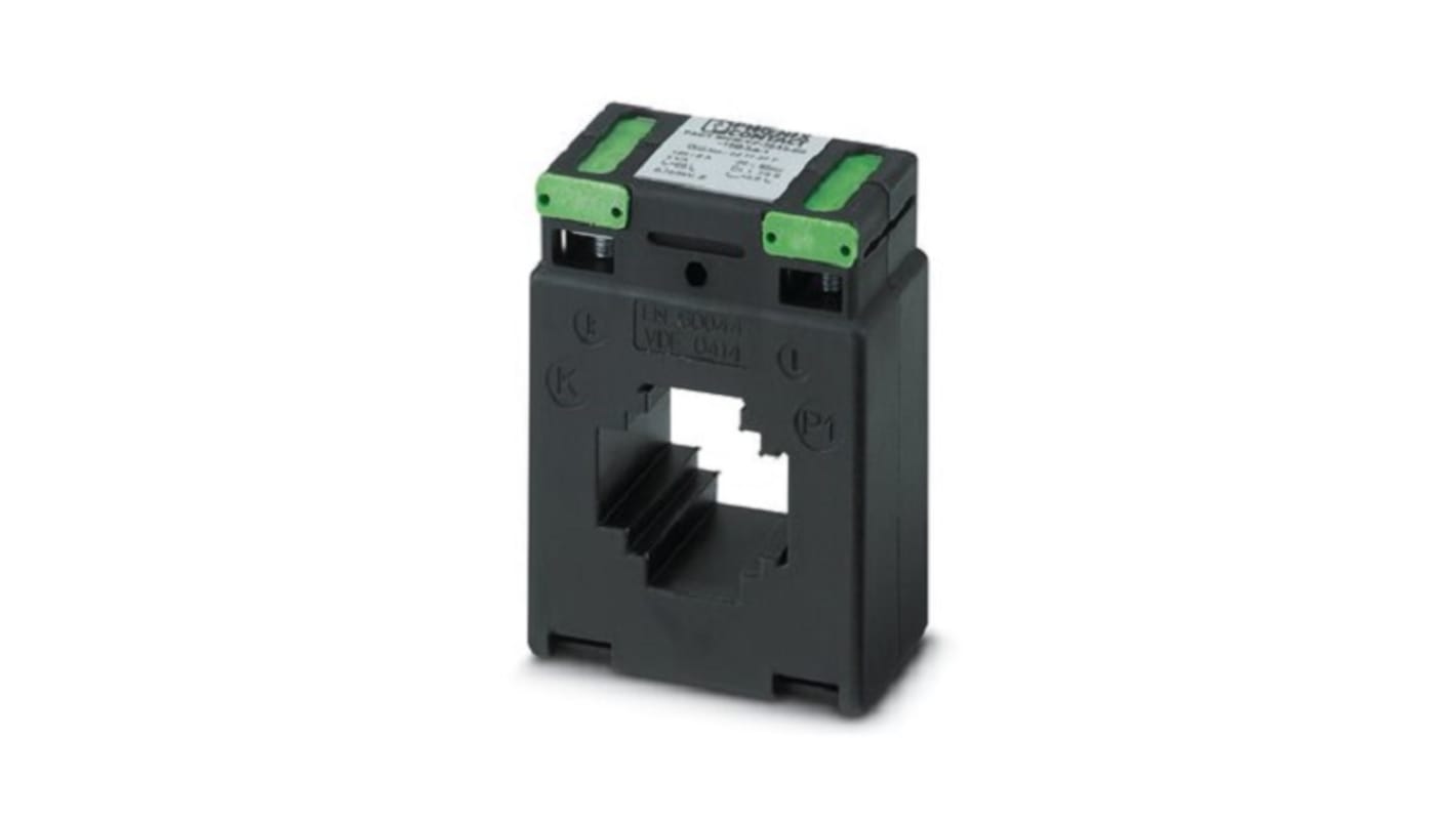 Trasformatore di corrente Phoenix Contact 2277077, rapporto 150:5, montaggio su guida DIN, foro 28mm, potenza 5 VA.
