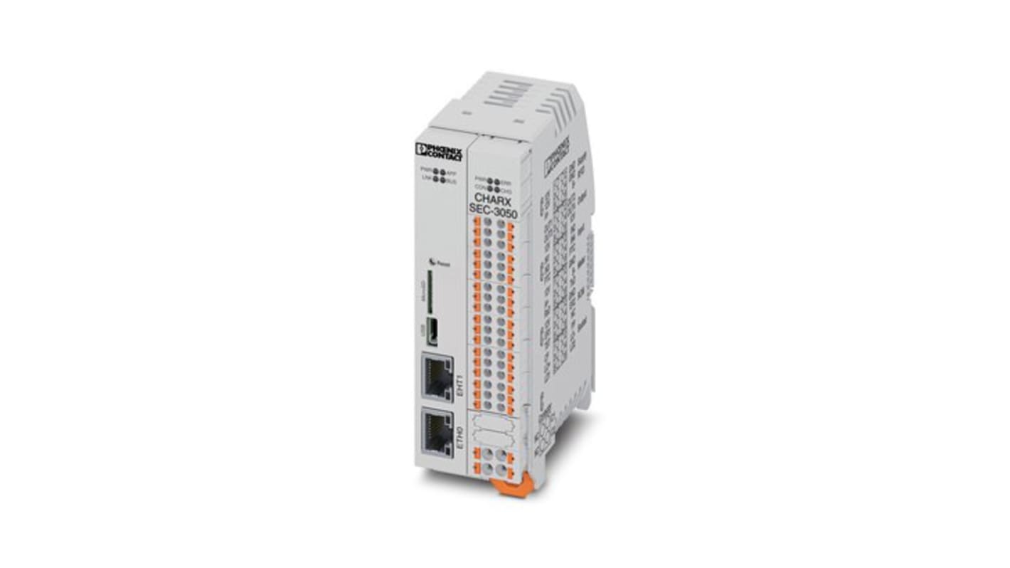 Controller di sicurezza Phoenix Contact 1139018 CHARX, 4 I/O, montaggio su guida DIN, alimentazione 12 V, temperatura -25 °C a 65 °C.