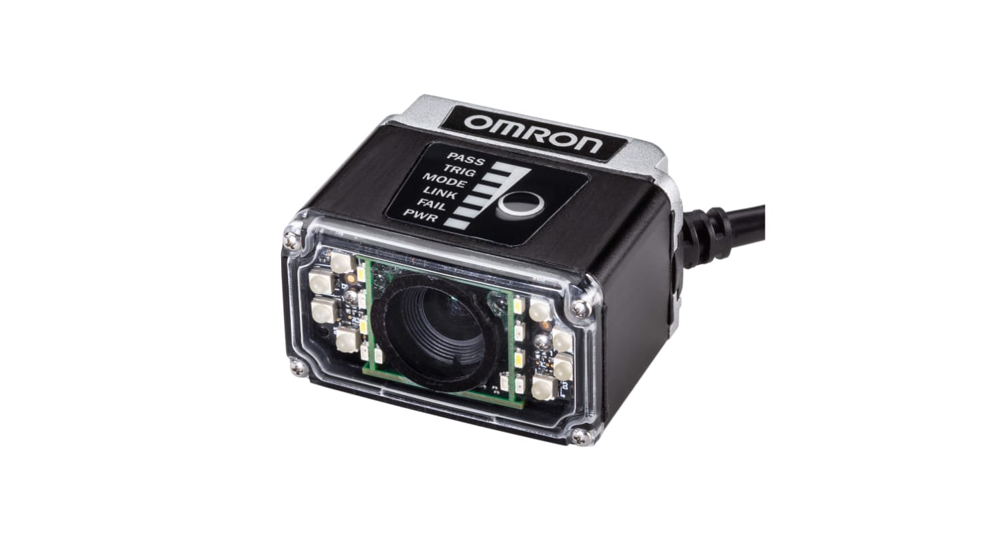 Lettore codici a barre Omron V420-F000W50C-SWX, telecamera 5 MP, lettura 50-300 mm, connessioni Ethernet e USB.
