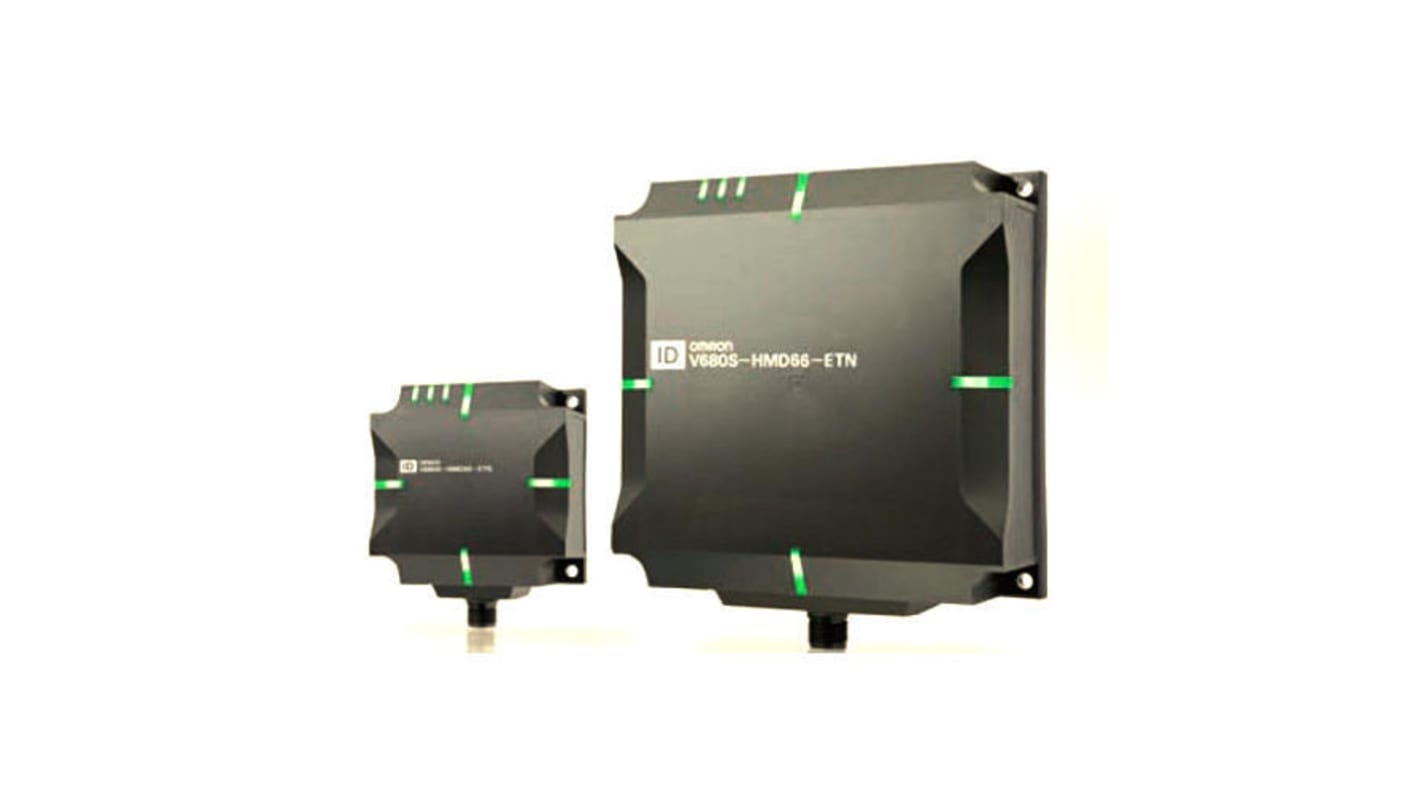 Lettore codici a barre Omron V680S-HMD66-ETN, dimensioni 120x120x40 mm, protocollo Modbus TCP/IP, grado di protezione IP67.