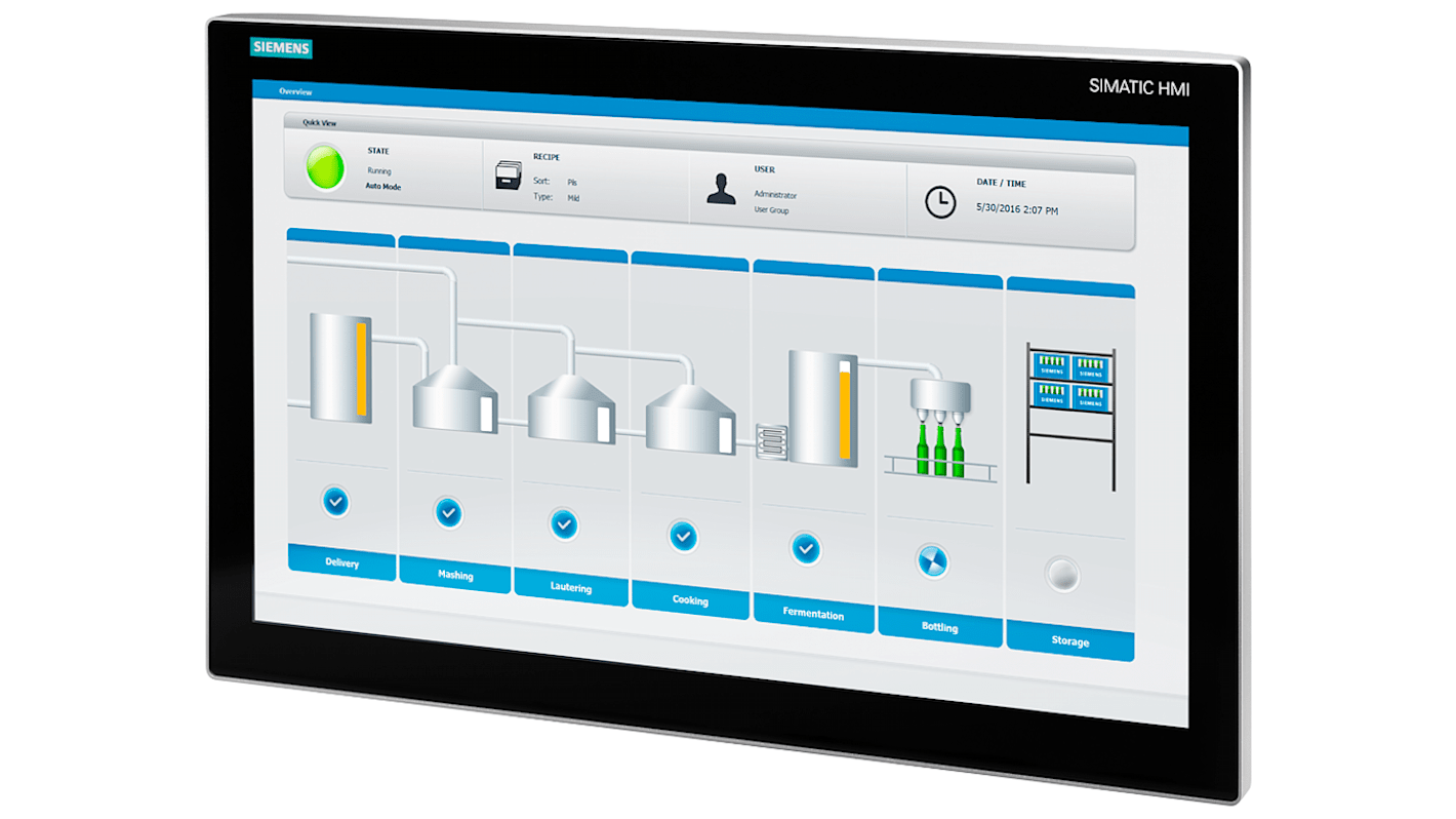 Siemens 6AV78634MA152NA0, pannello IFP2200 V2 PRO da 21,1", risoluzione 1920x1080, IP65, alimentazione 24 V CC.