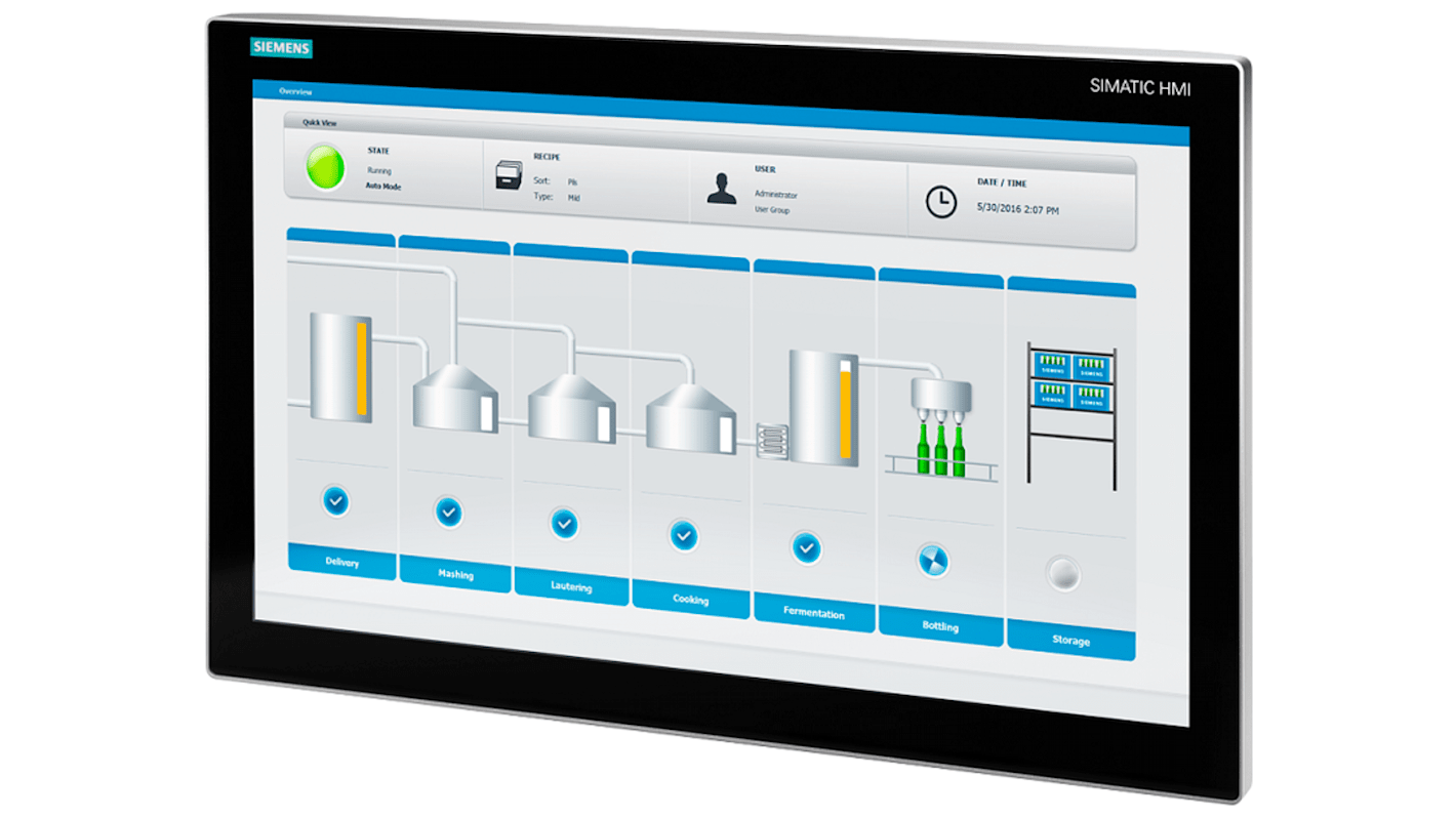 Siemens 6AV78636MA152NA0, pannello IFP1900 V2 PRO da 18,5", risoluzione 1920x1080, protezione IP65, alimentazione 24 V CC.