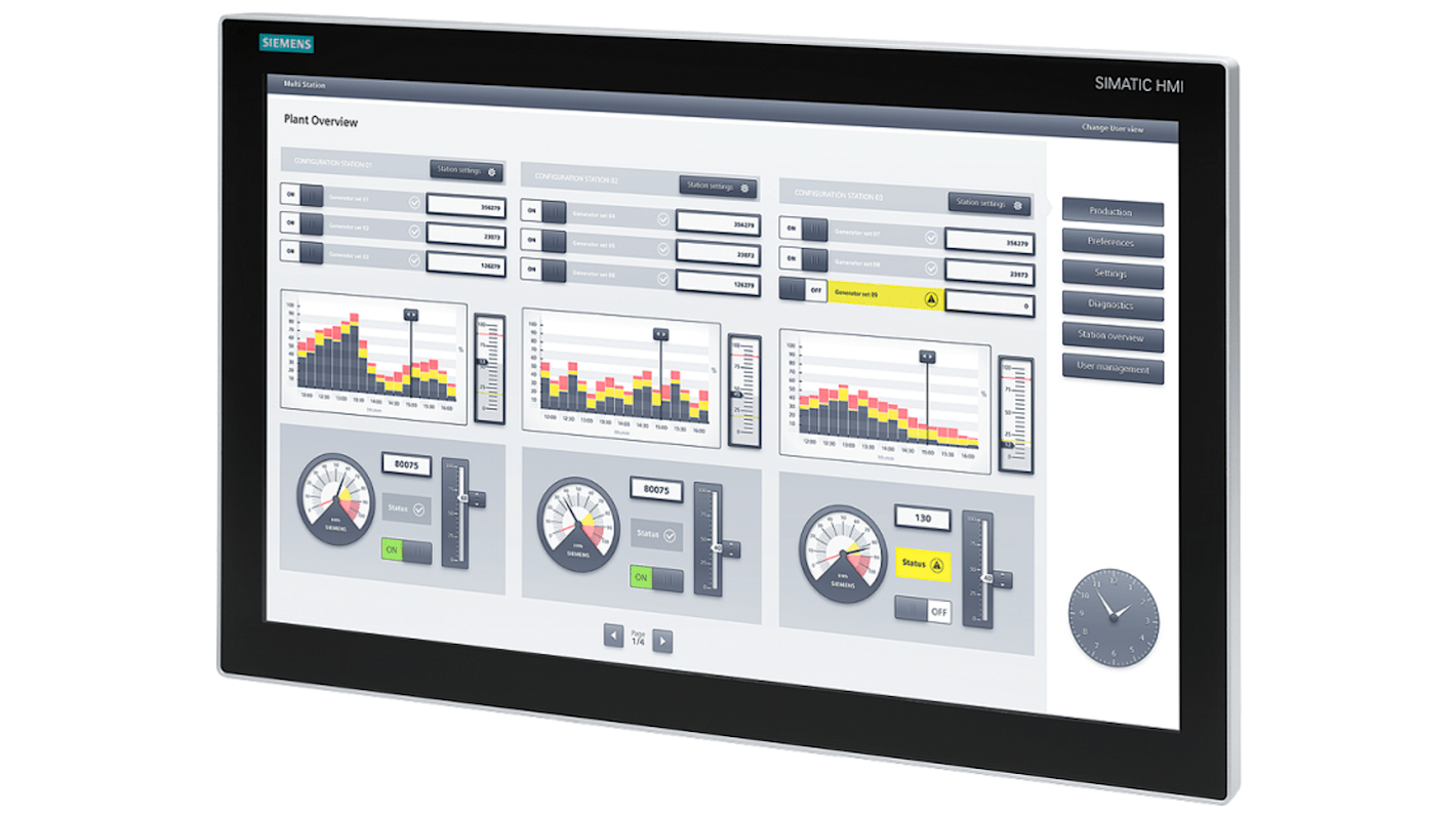 Siemens 6AV78637MA142AA0, pannello IFP2400 V2 PRO da 23,8", risoluzione 1920x1080, protezione IP65, alimentazione 24 V CC.