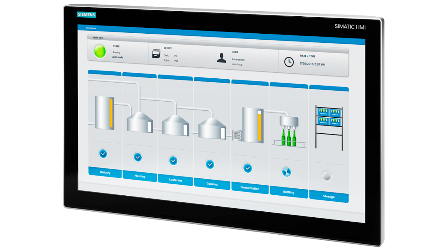 Siemens 6AV78637MA172NA0, pannello IFP2400 V2 PRO da 23,8", risoluzione 1920x1080, protezione IP65, alimentazione 24 V CC.