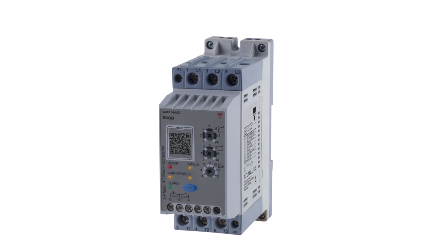 Avviatore soft-start trifase Carlo Gavazzi RSGD4025F0VD200, potenza 11 kW, corrente 25 A, protezione IP20, installazione rapida.