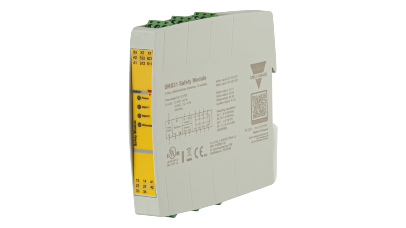Modulo I/O Carlo Gavazzi SMS31, tensione 24 V, progettato per monitorare circuiti di sicurezza in applicazioni di emergenza e controllo ascensori.