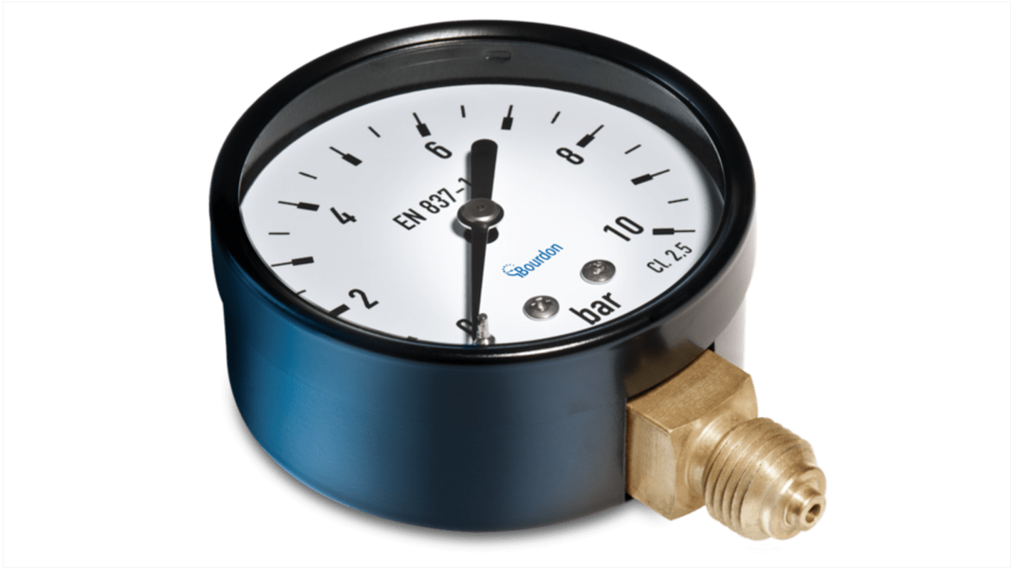 Manometro Bourdon MAT3-D20.B15, corpo in acciaio, diametro 63mm, attacco G 1/4, misura pressione 0-1bar, montaggio radiale.