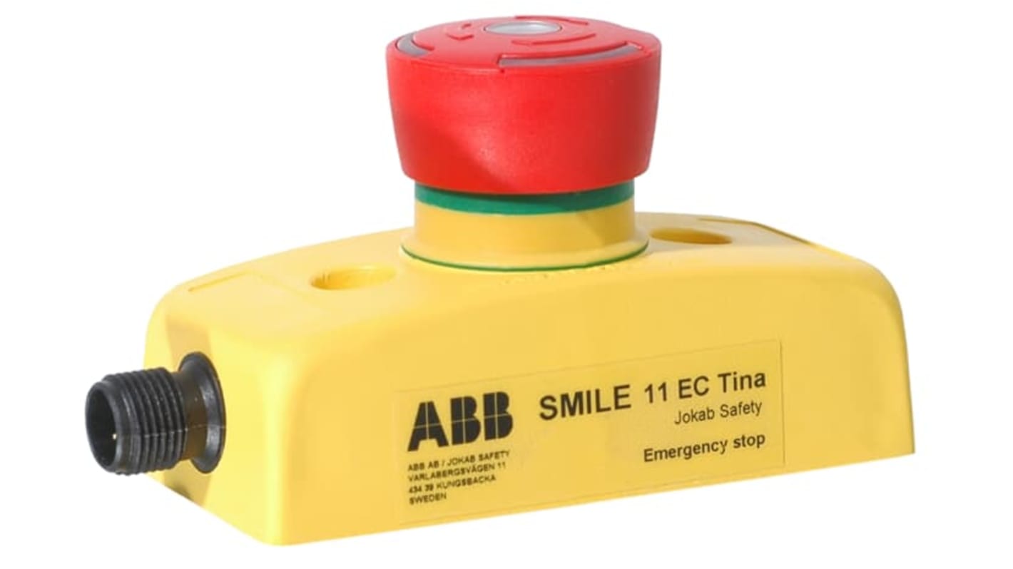 Pulsante di arresto di emergenza ABB Smile 11 EC, giallo, con LED di stato, connettore M12-5, dimensioni 97 x 40 x 52 mm.