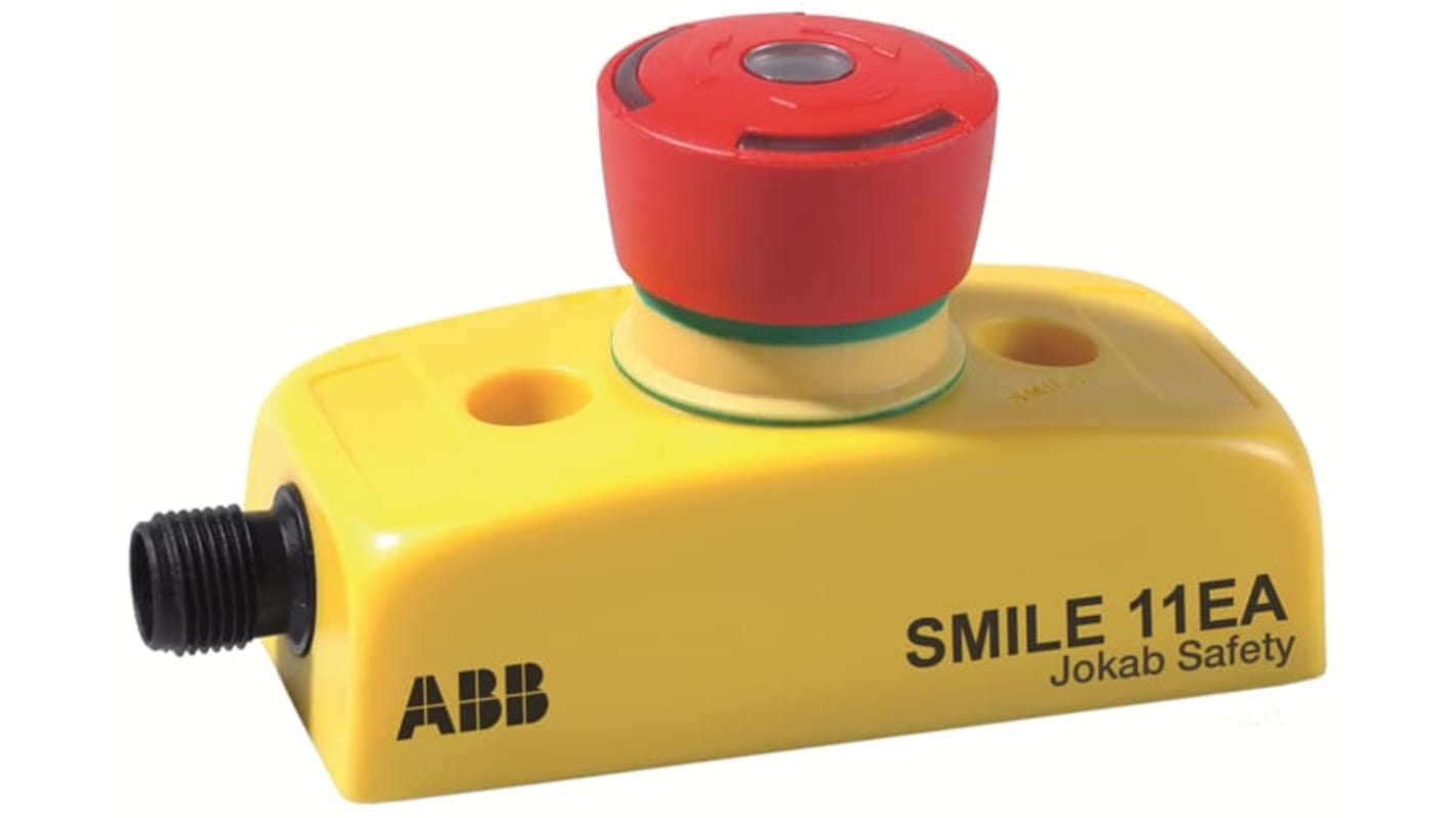 Pulsante di arresto di emergenza ABB Smile 11 EA, forma rettangolare gialla, con LED di stato e connettore M12-5. Dimensioni 97 x 40 x 52 mm.