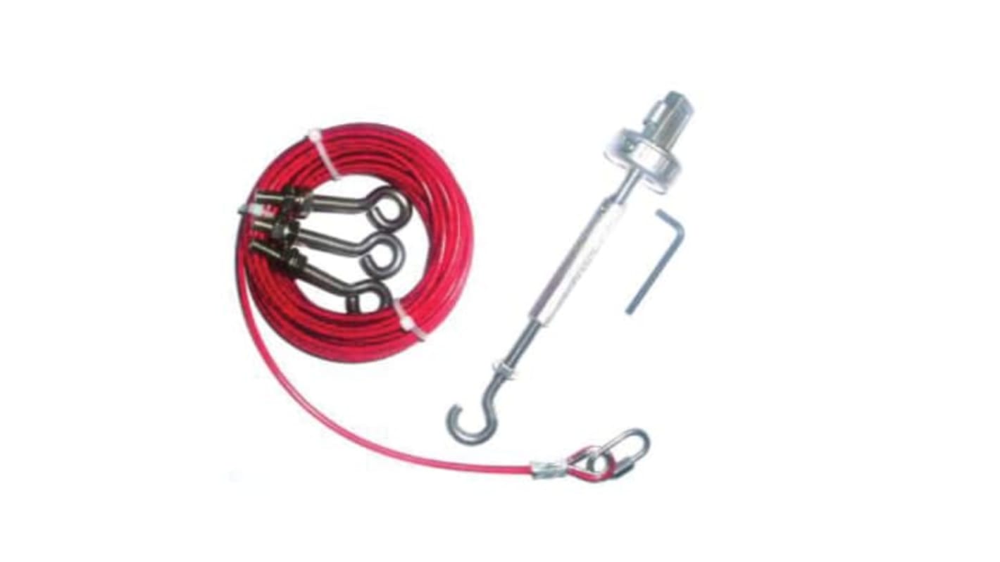 Kit di trazione per corda ABB LineStrong, include 10 m di filo galvanizzato, cuneo, morsetto, 5 occhielli e tensionatore. Codice 2TLA050210R0130.