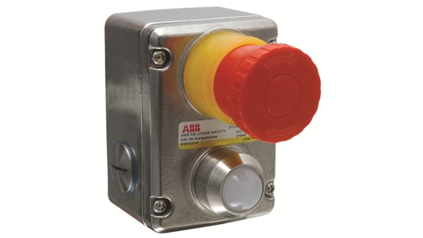 Pulsante di arresto di emergenza ABB EstrongZ LED, corpo in acciaio inox, dimensioni 94 x 66 x 105 mm, indicatore LED.