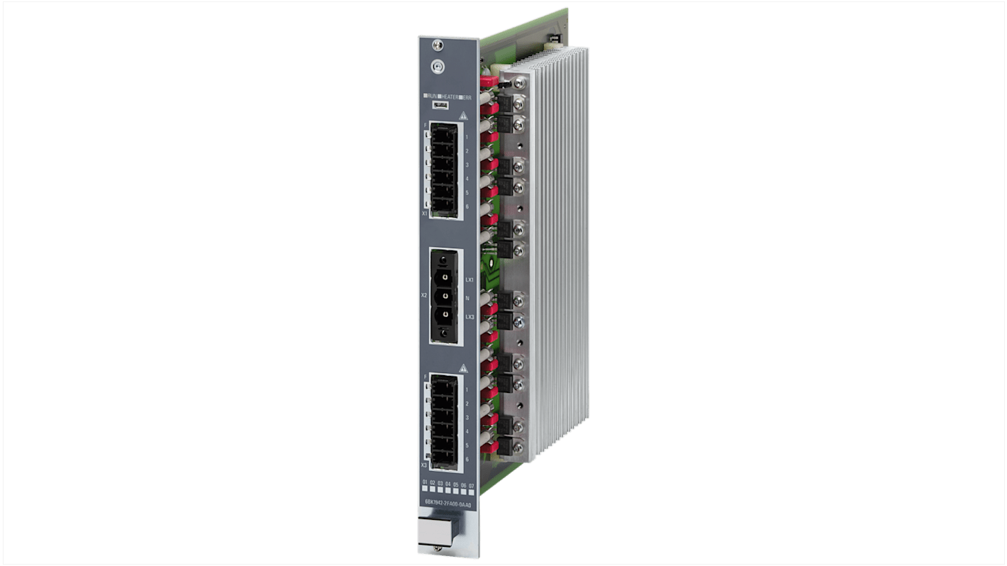 Modulo di distribuzione alimentazione Siemens 6BK19422FA000AA0, 12 uscite digitali, montaggio su rack, dimensioni 12,3 x 14,7 x 4,2 pollici.