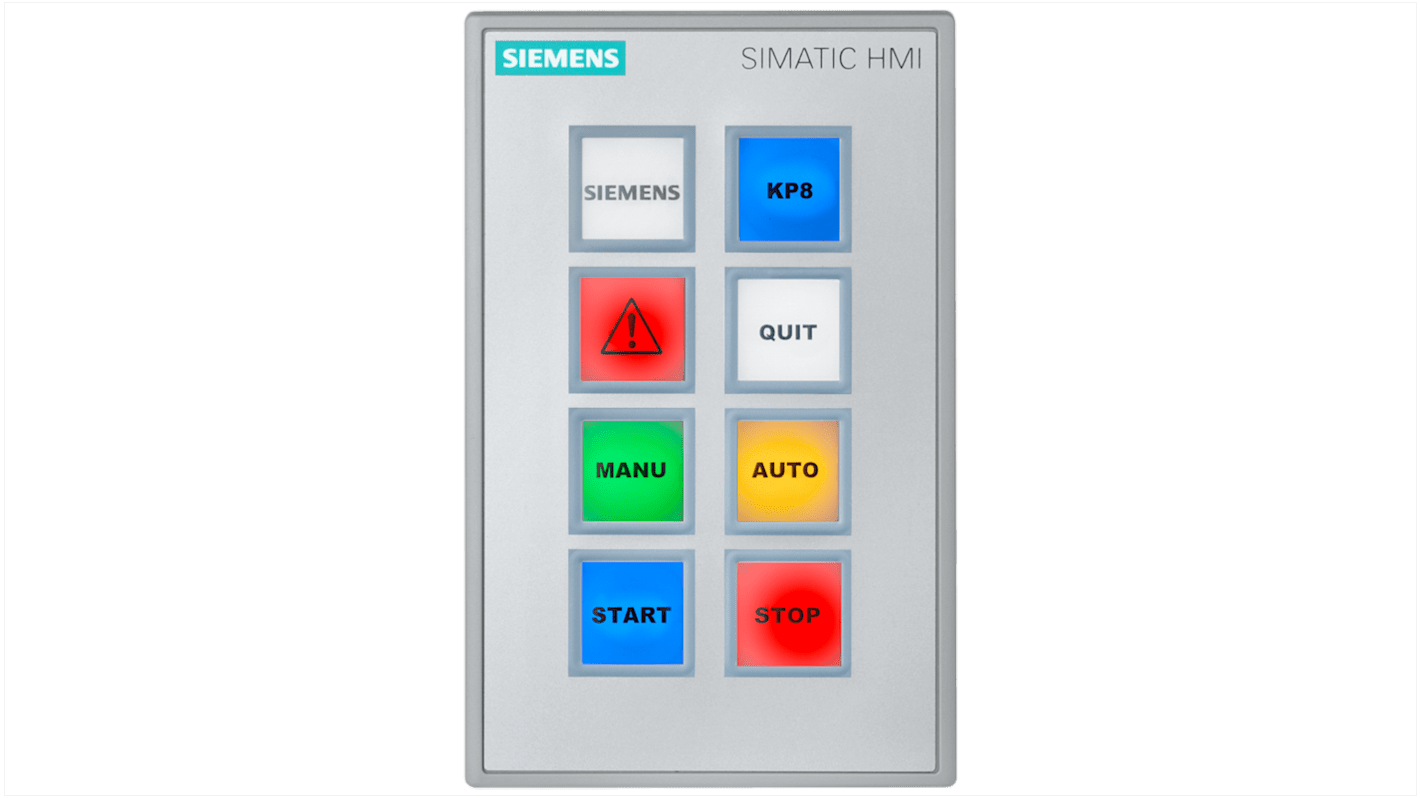 Pannello tasti HMI Siemens 6AV36883AF370AX0, KP8F, con 8 interruttori e LED multicolore, grado di protezione IP65.
