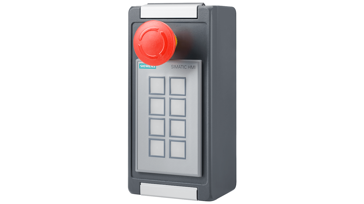 Pulsante di arresto di emergenza Siemens SIMATIC, codice 6AV68812AM121AA0, rotondo, rosso, grado di protezione IP65, cornice in alluminio.