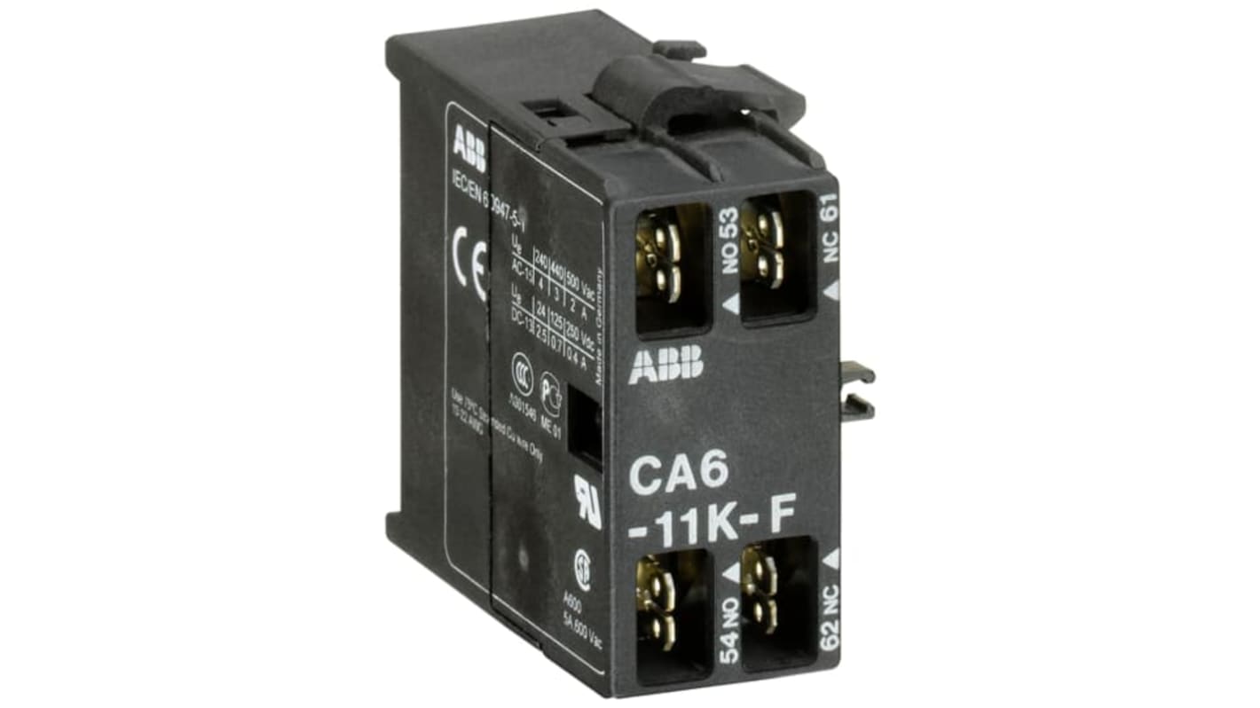 Contatto ausiliario ABB CA6, 2 contatti (1 NC + 1 NA), montaggio superficiale, IP20, 690 V, 6 A, -25 a 55 °C. Codice GJL1201318R0001.