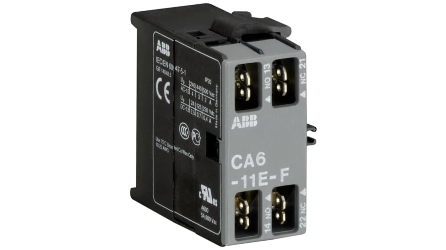 Contatto ausiliario ABB GJL1201318R0002, 2 contatti (1 NC + 1 NA), montaggio superficiale, IP20, 6 A, -25 a 55 °C.