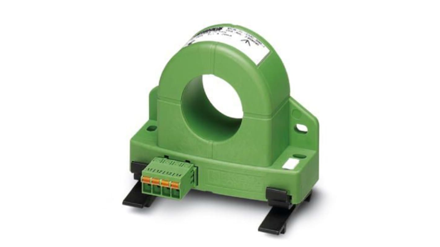 Trasduttore di corrente Phoenix Contact 2308085, misura correnti fino a 500 A, montaggio su guida DIN, foro M32, alimentazione 24 V.