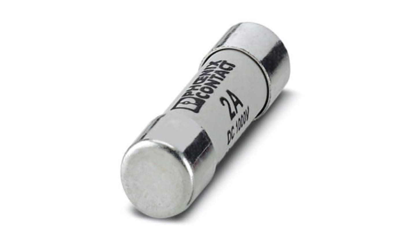 Fusibile a cartuccia Phoenix Contact 3061295, 2 A, 1000 V c.c., dimensioni 10 x 38 mm, per protezione moduli fotovoltaici.