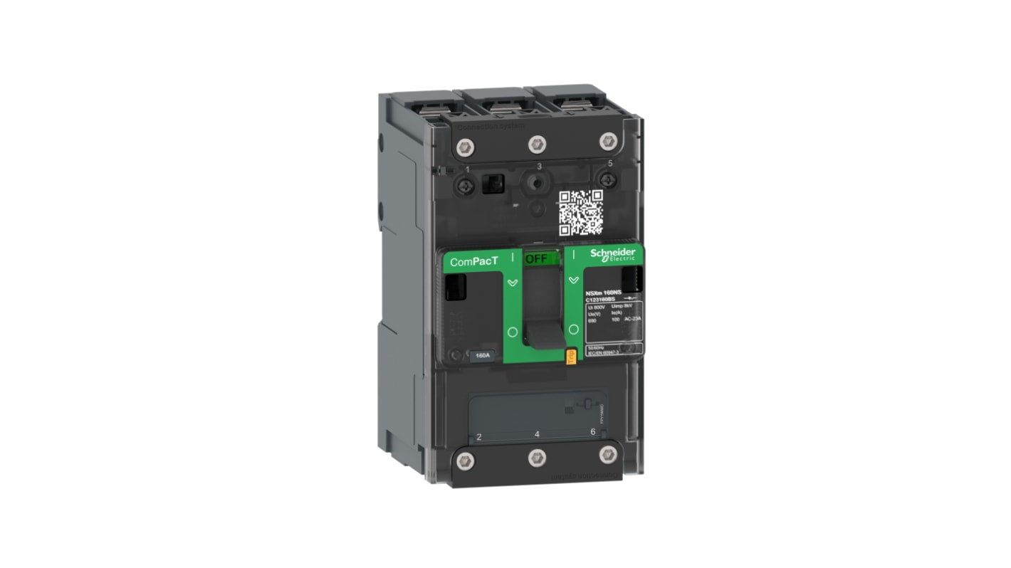 Sezionatore portafusibili Schneider Electric ComPacT NSXm, 3 poli, 100A, montaggio su guida DIN, conforme agli standard IEC.