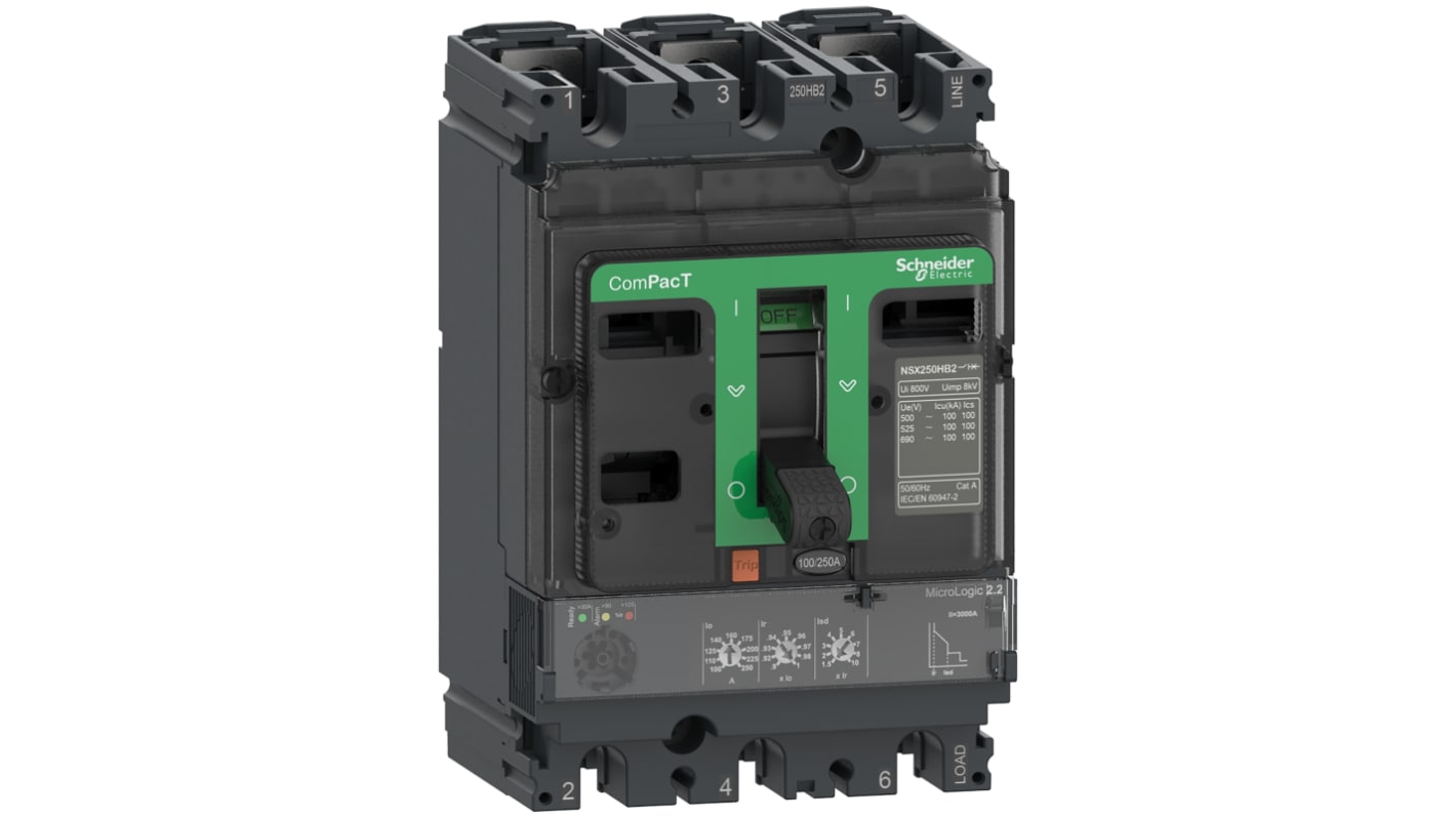 Interruttore magnetotermico scatolato Schneider Electric C25F32D250, 3 poli, 250A, montaggio fisso, protezione sovraccarichi regolabile.