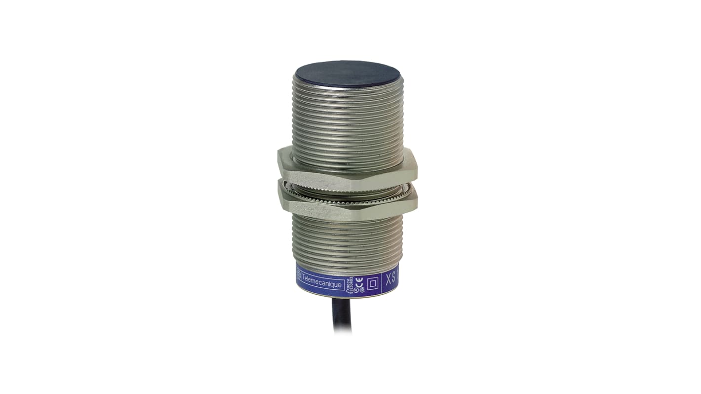 Sensore capacitivo cilindrico Telemecanique Sensors XT530B1FBL2, M30 x 1.5, rilevamento 10 mm, montaggio a filo, uscita PNP.