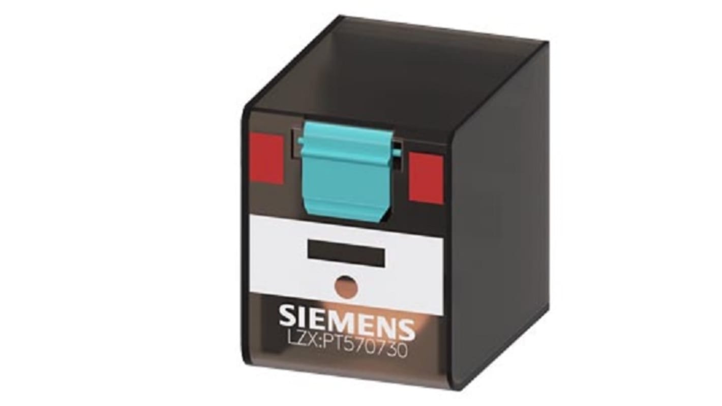 Relè di potenza Siemens 4PDT, bobina 230V, montaggio a innesto con morsetti a vite e LED di stato.
