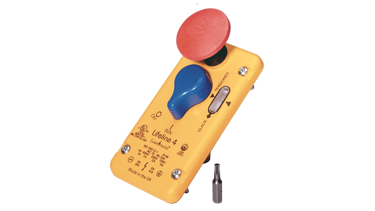 Coperchio di ricambio Rockwell Automation 440E-A13054 per interruttore a trazione, con pulsante di emergenza e manopola blu.