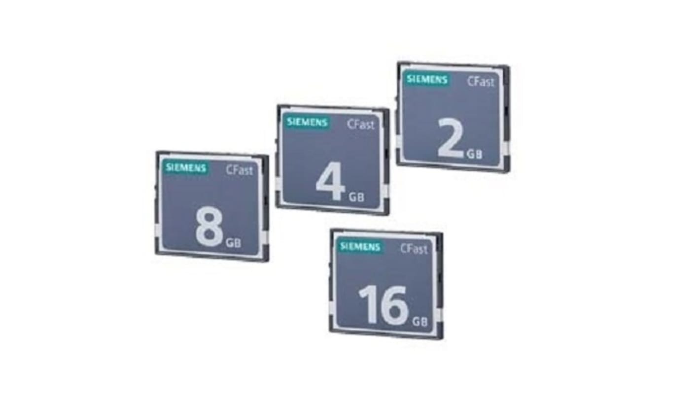 Scheda di memoria CFast Siemens 6ES76482BF100XH0, 8 GB, compatibile con dispositivi HMI e IPC SIMATIC, dimensioni 42,8 x 36,4 x 3,6 mm.