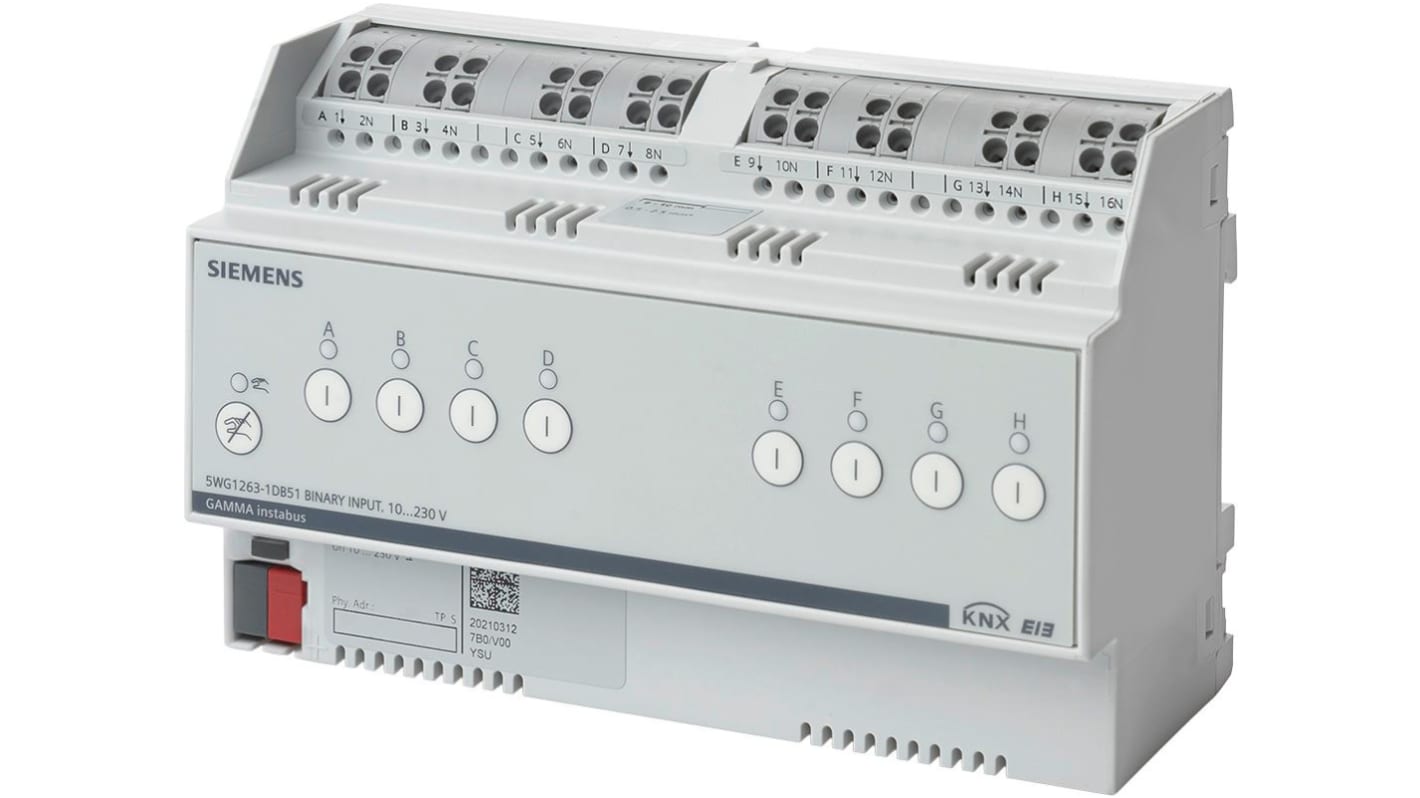 Modulo I/O PLC Siemens 5WG1263-1DB51, compatibile KNX, dimensioni 14,4 x 9 x 7,19 cm, per automazione e controllo.