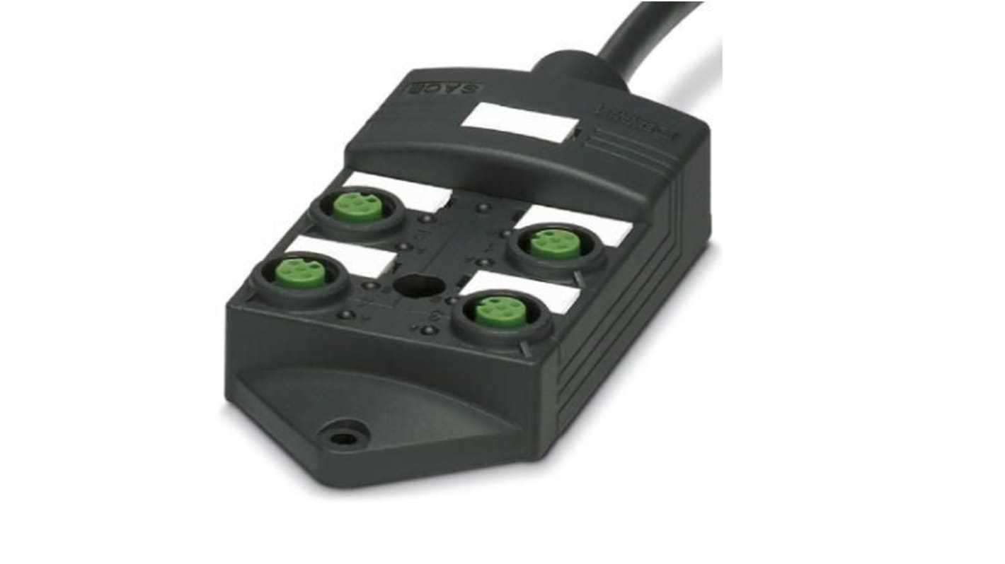 Scatola sensore Phoenix Contact 1452615, 4 porte M12, tensione 30V cc, grado di protezione IP65/IP67.