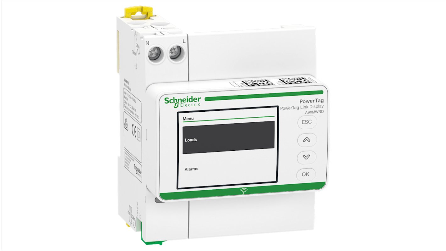 Schneider Electric A9XMWRD, dispositivo HMI wireless per monitoraggio potenza, installazione su guida DIN, display 95mm x 72mm.