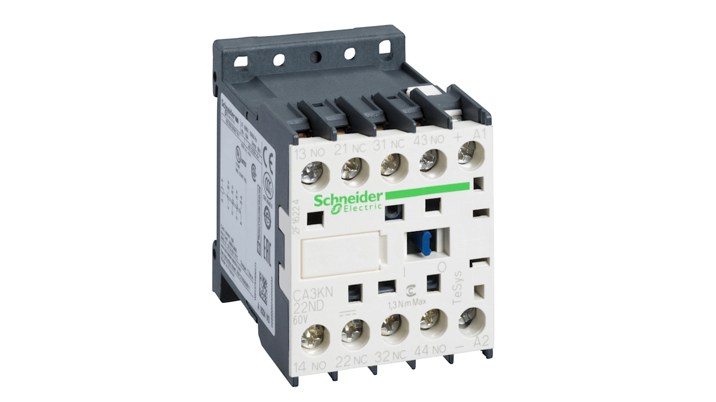 Relè di controllo Schneider Electric CA3KN22ND, 2 NA + 2 NC, montaggio su guida DIN, 10 A, tensione 60 V c.c.