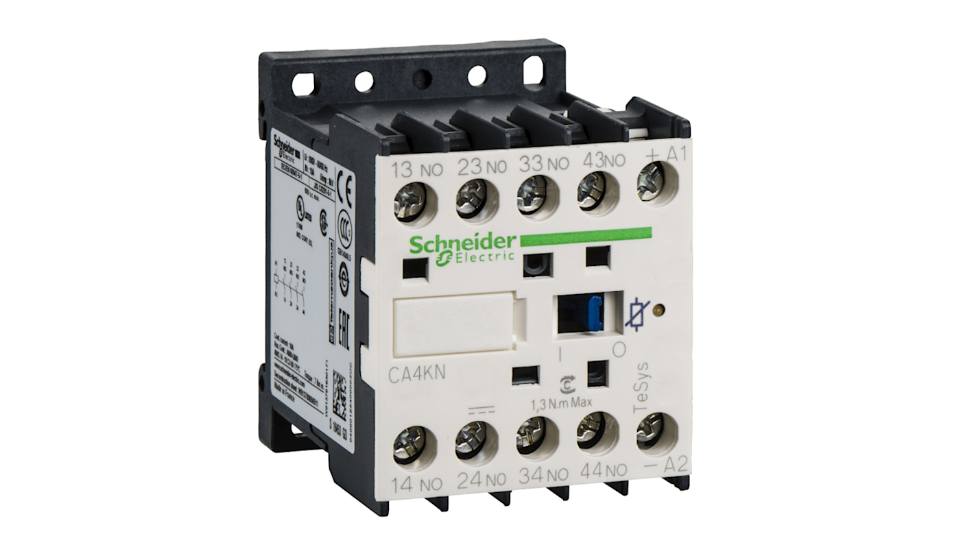 Relè di controllo Schneider Electric CA4KN31FW3, 2NA + 2NC, montaggio su guida DIN, bobina fino a 24 V c.a., 10 A.