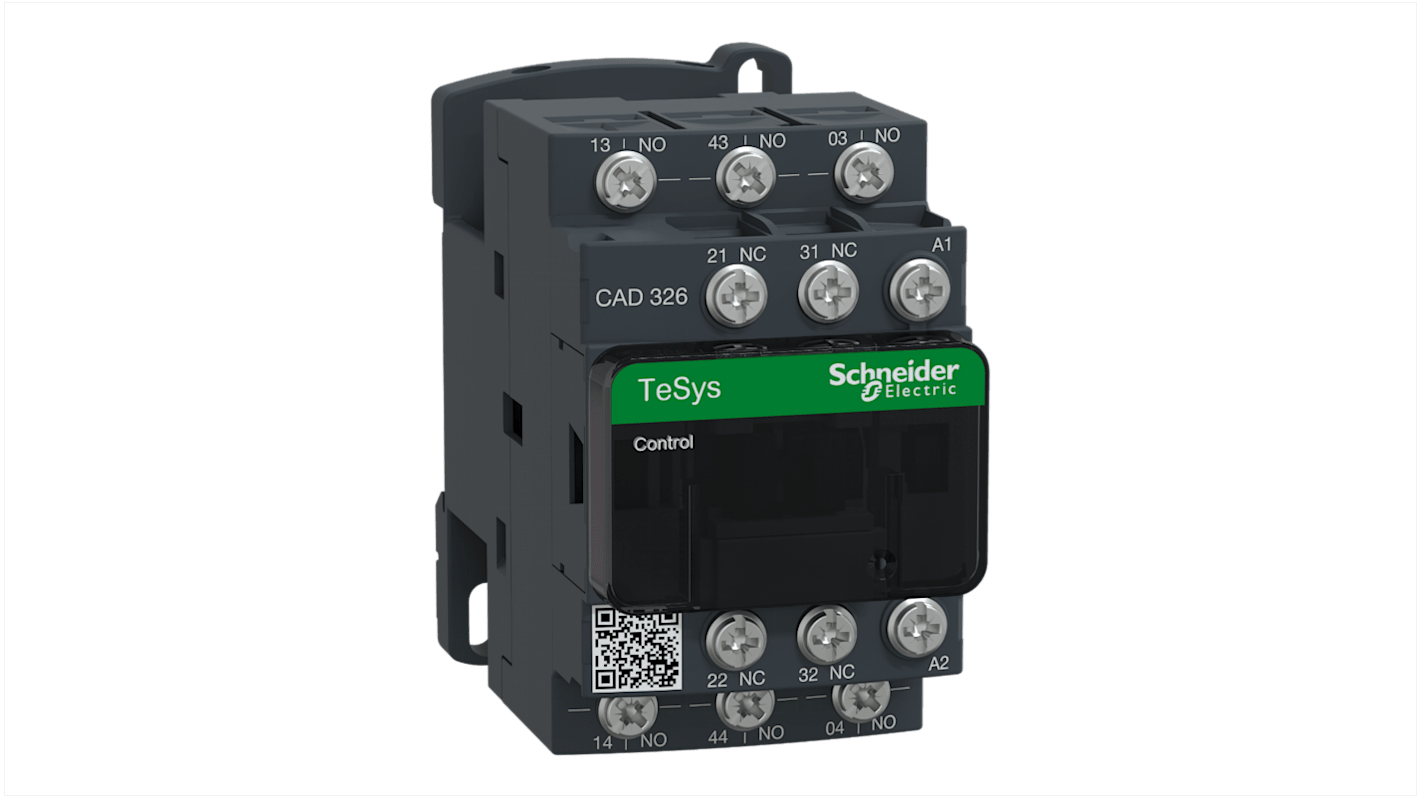 Relè di controllo Schneider Electric CAD326G7, 3 contatti NA e 2 NC, 10 A, tensione 120 V, operante da -40 a +60 °C.