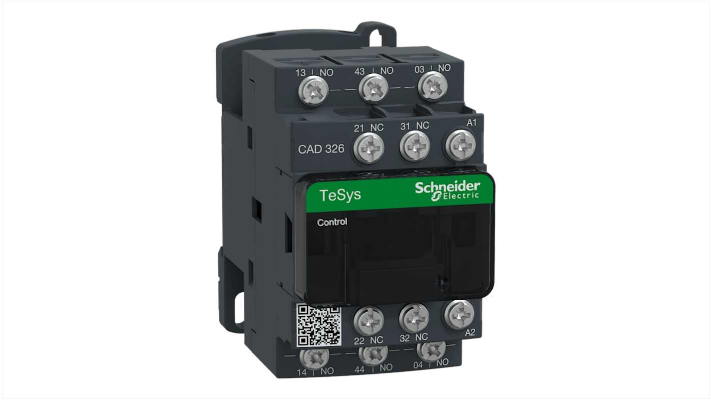 Relè di controllo Schneider Electric CAD326R7, 3 contatti NA e 2 NC, 10 A, tensione 440 V, funzionamento fino a 180 cicli/min.
