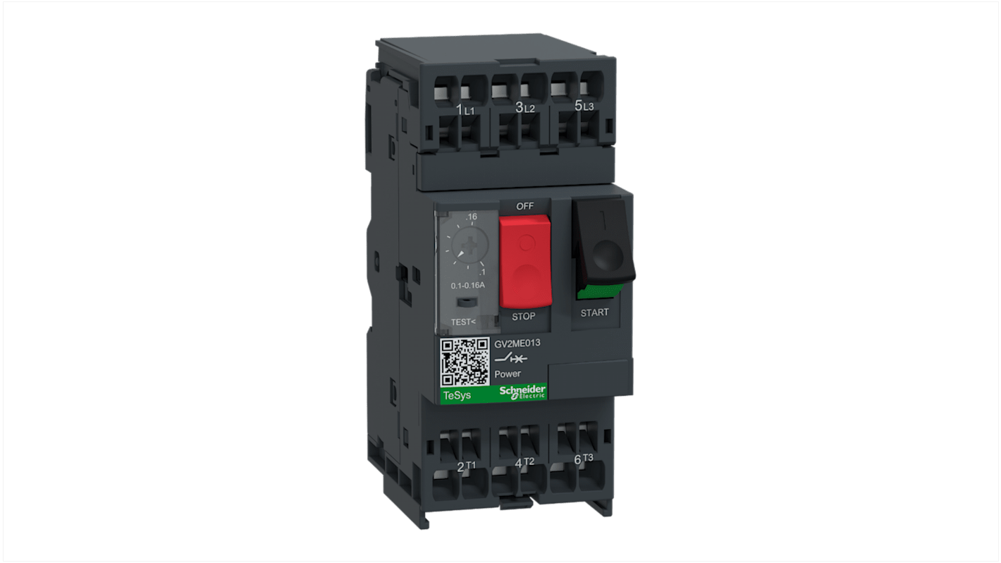Interruttore automatico motore Schneider Electric GV2ME013, 3 poli, 0,1-0,16 A, protezione termomagnetica, dimensioni 101x44,5x78,2 mm.