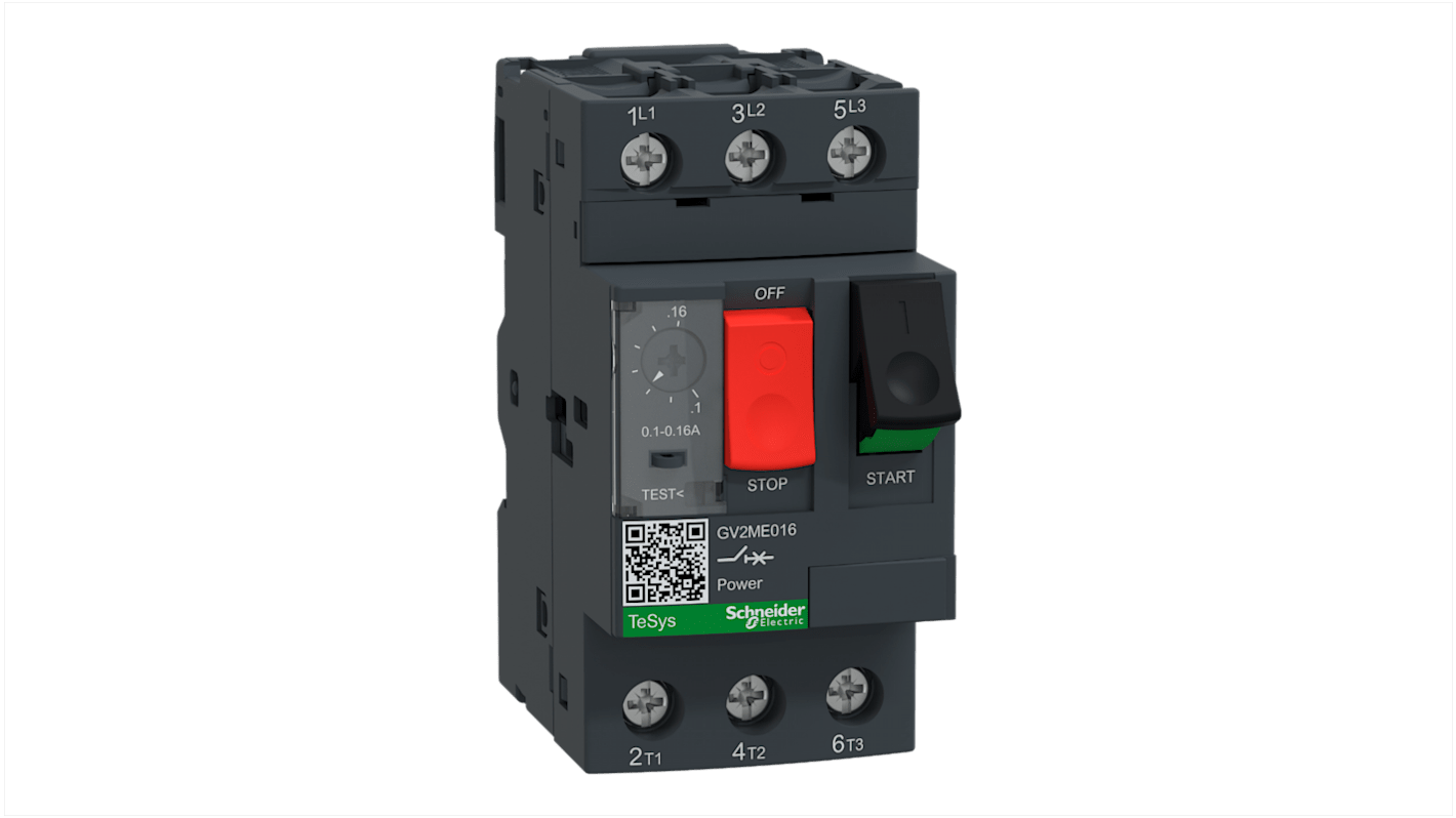 Interruttore automatico motore Schneider Electric GV2ME016, 3 poli, corrente 0,1-0,16 A, IP20, dimensioni 89x44,5x78,2 mm.