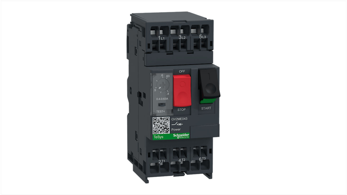 Interruttore automatico motore Schneider Electric GV2ME043, 3 poli, 690 V, corrente 0,4-0,63 A, dimensioni 101x44,5x78,2 mm.