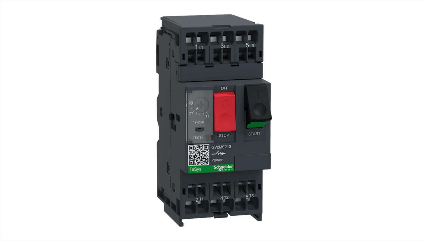Interruttore automatico motore Schneider Electric GV2ME213, 690 V, 17-21 A, protezione termomagnetica, dimensioni 101x44.5x78.2 mm.