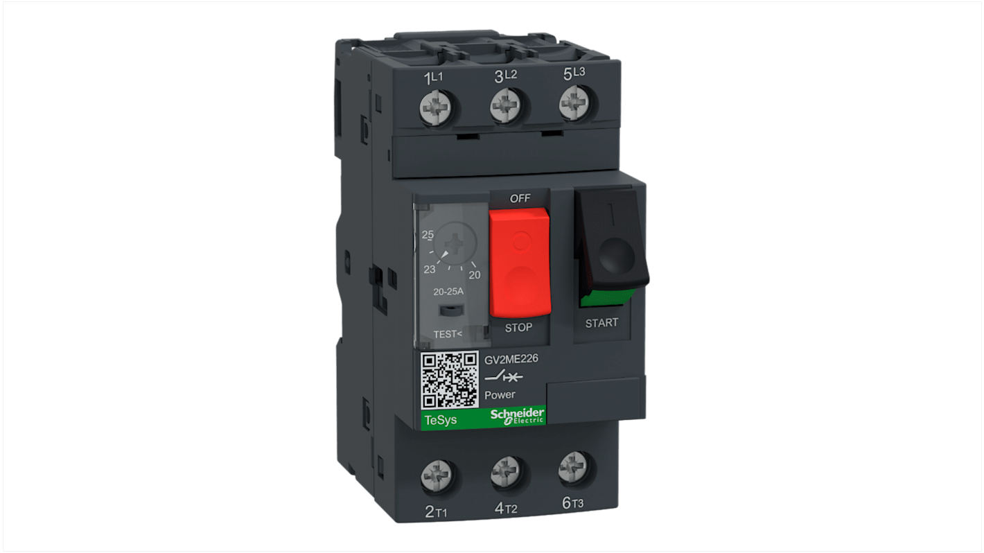 Interruttore automatico motore Schneider Electric GV2ME226, 3 poli, corrente 20-25 A, montaggio versatile, dimensioni 89x44.5x78.2 mm.