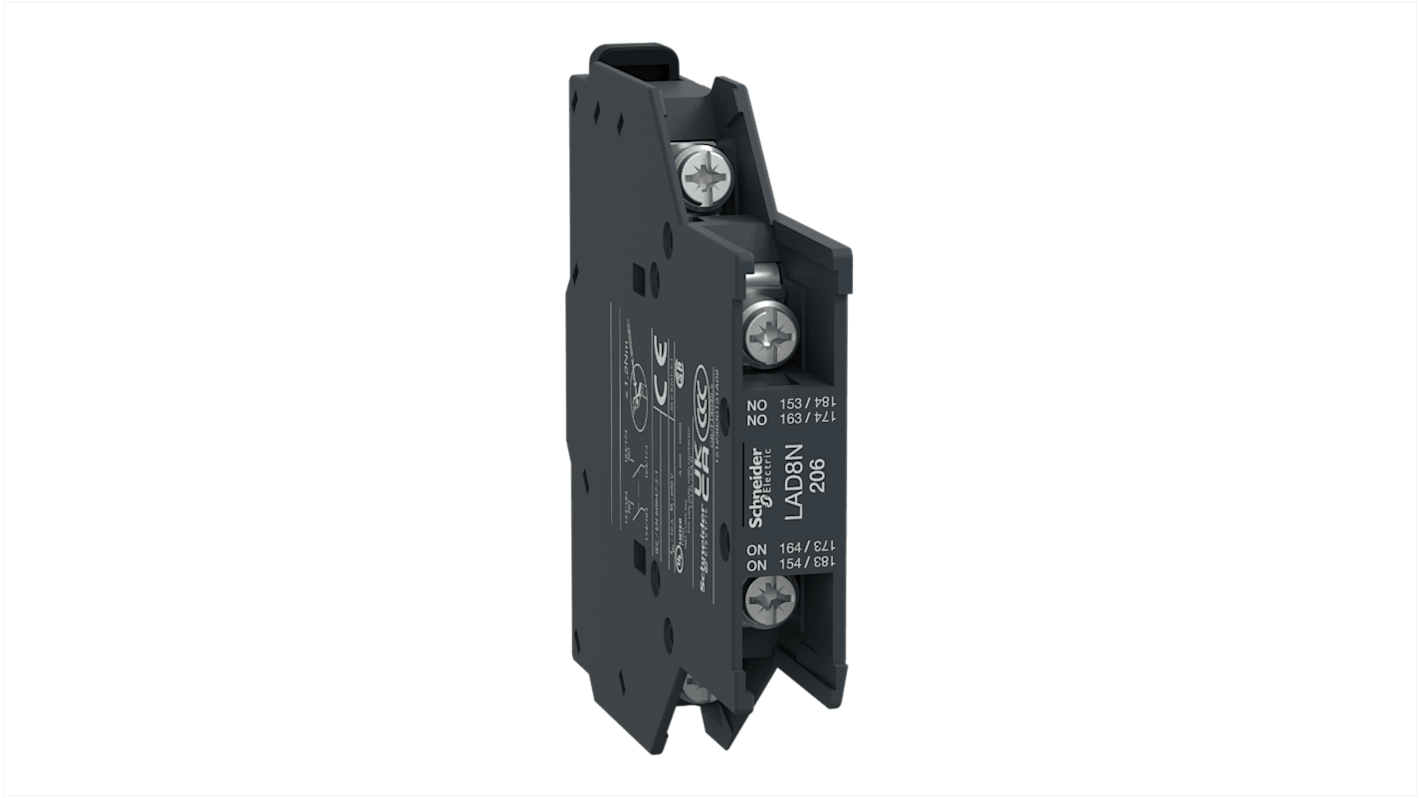Blocco di contatti ausiliari Schneider Electric LAD8N206, 2NO, montaggio laterale, corrente nominale 10 A, compatibile con contattori TeSys.