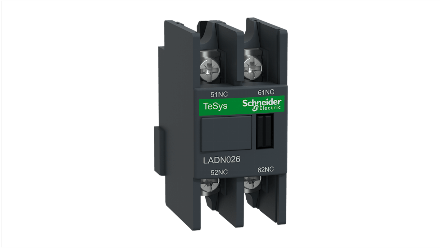 Blocco di contatti ausiliari Schneider Electric LADN026, 2 contatti 2NC, montaggio anteriore, corrente nominale 10 A.