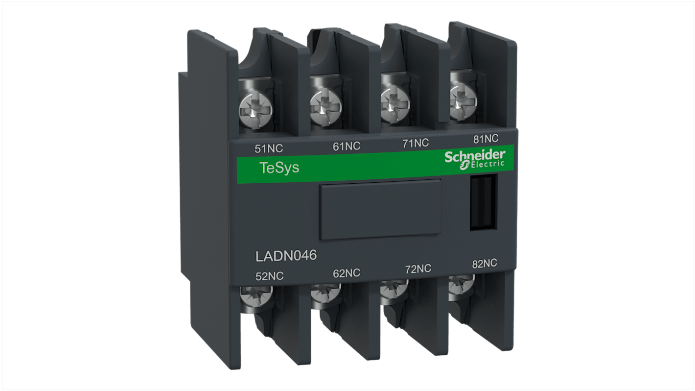 Blocco di contatti ausiliari Schneider Electric LADN046, 4 contatti NC, montaggio anteriore, corrente nominale 10 A.