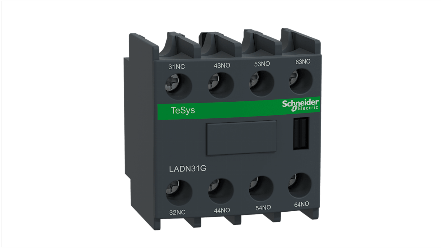 Blocco di contatti ausiliari Schneider Electric LADN31G, 4 contatti (3 NA + 1 NC), montaggio anteriore, corrente nominale 10 A.