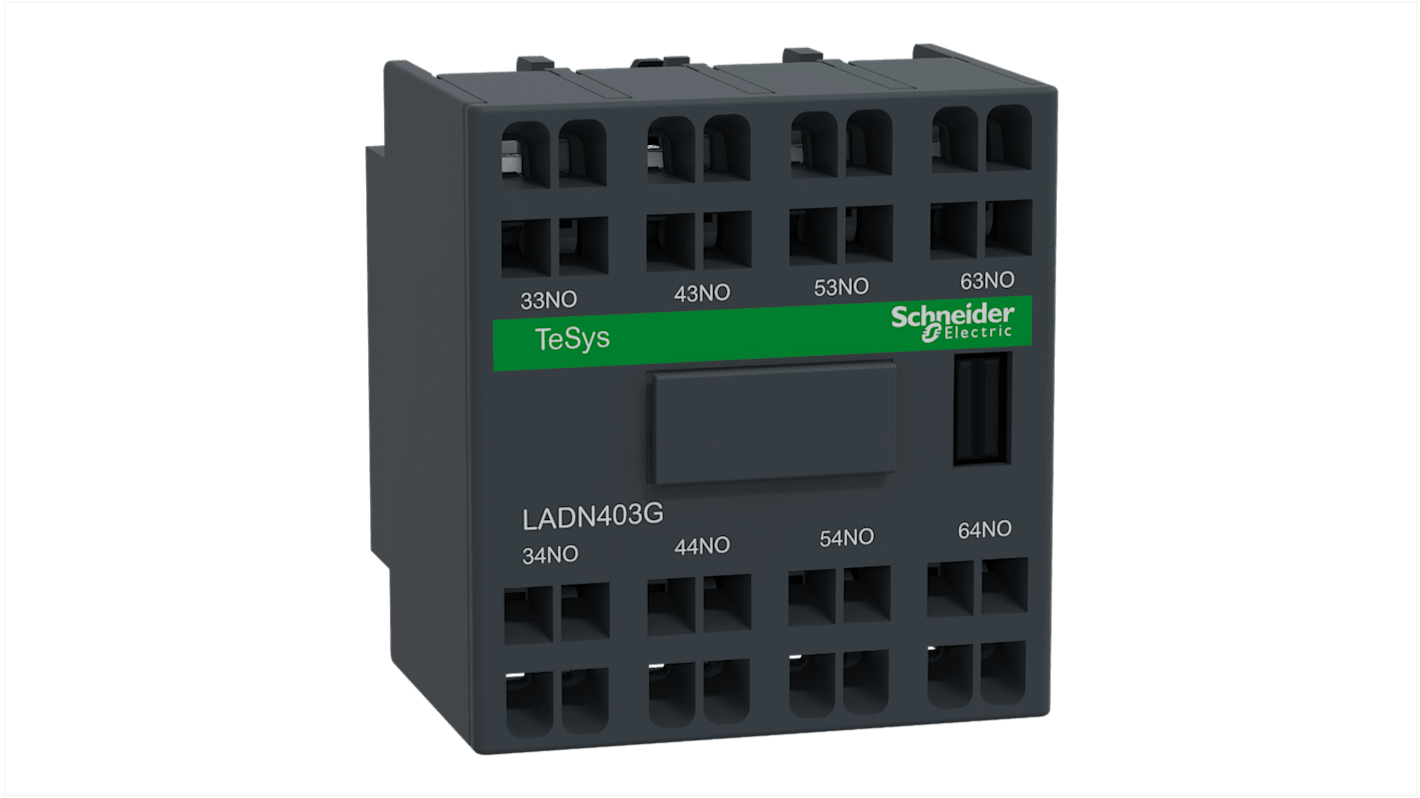 Blocco di contatti ausiliari Schneider Electric LADN403G, 4 contatti NO, montaggio anteriore, corrente nominale 10 A.