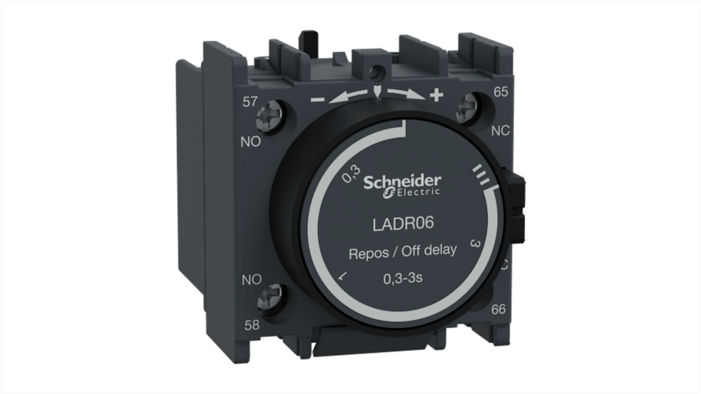 Blocco contatti ausiliari Schneider Electric LADR06, 2 contatti (1 No + 1 NC), montaggio a clip, corrente nominale 10 A.