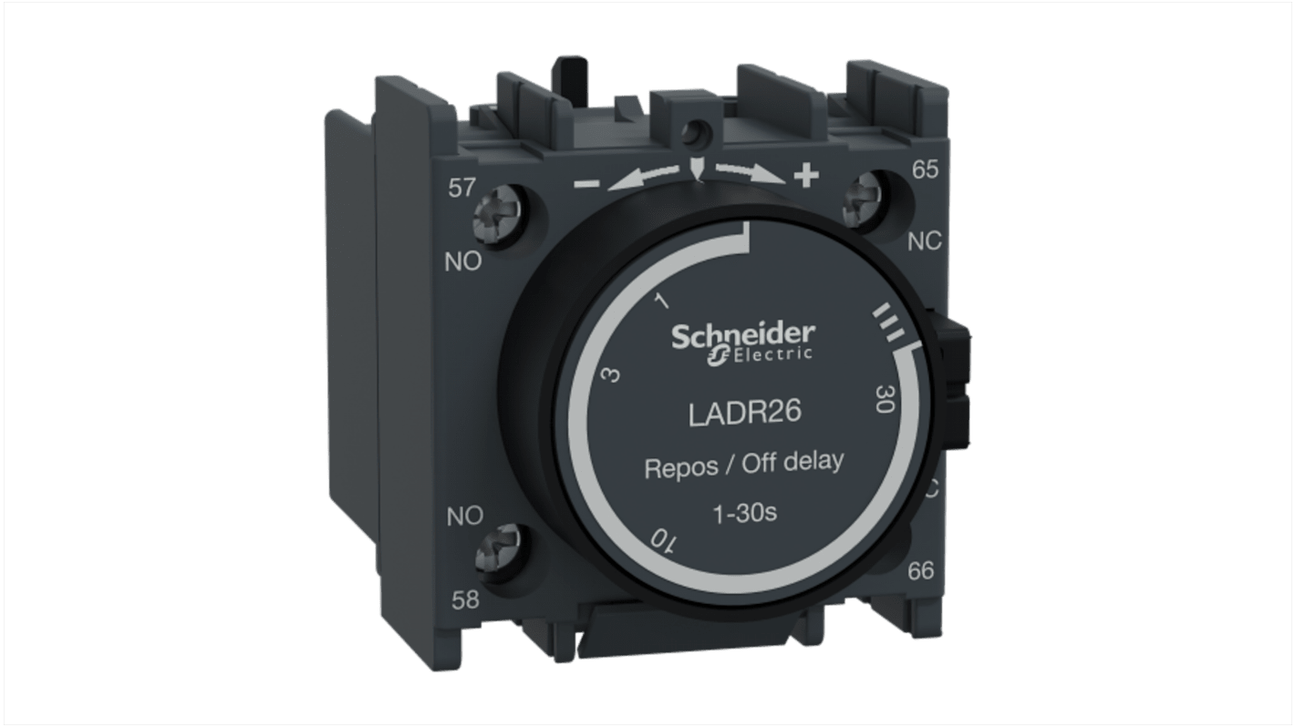 Blocco contatti ausiliari Schneider Electric LADR26, 2 contatti (1 No + 1 NC), montaggio a clip, corrente nominale 10 A.