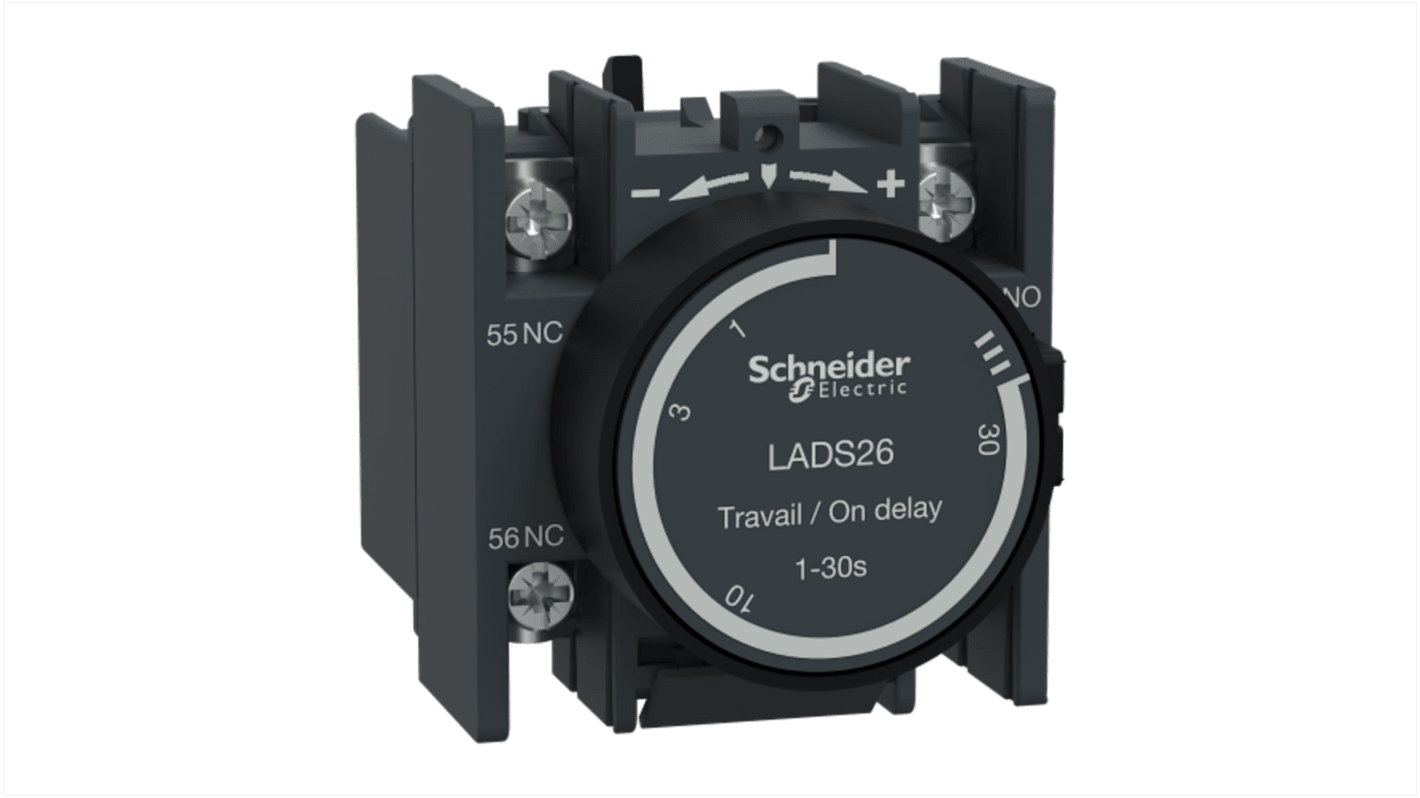Blocco di contatti ausiliari Schneider Electric LADS26 per starter stella-triangolo, montaggio anteriore, ritardo temporale fino a 30 secondi.