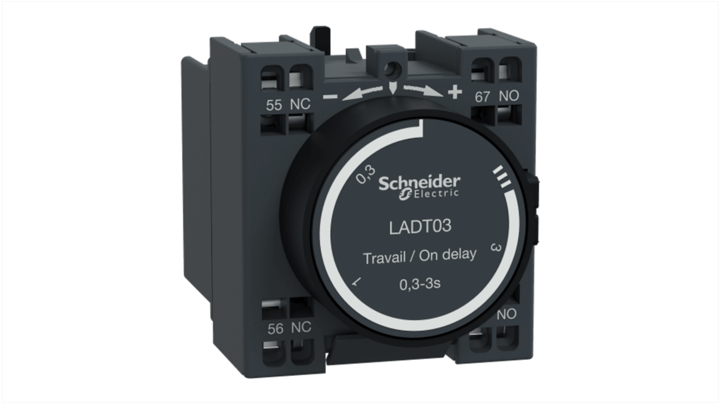 Blocco contatti ausiliari Schneider Electric LADT03, 2 contatti (1 NA + 1 NC), montaggio a clip, corrente nominale 10 A.