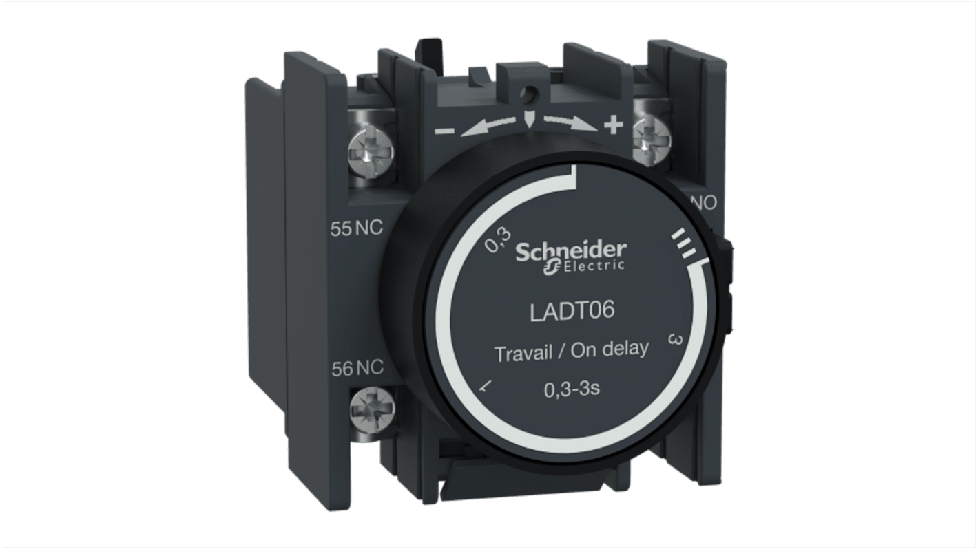 Blocco contatti ausiliari Schneider Electric LADT06, 2 contatti (1 NA + 1 NC), montaggio a clip, corrente nominale 10 A.